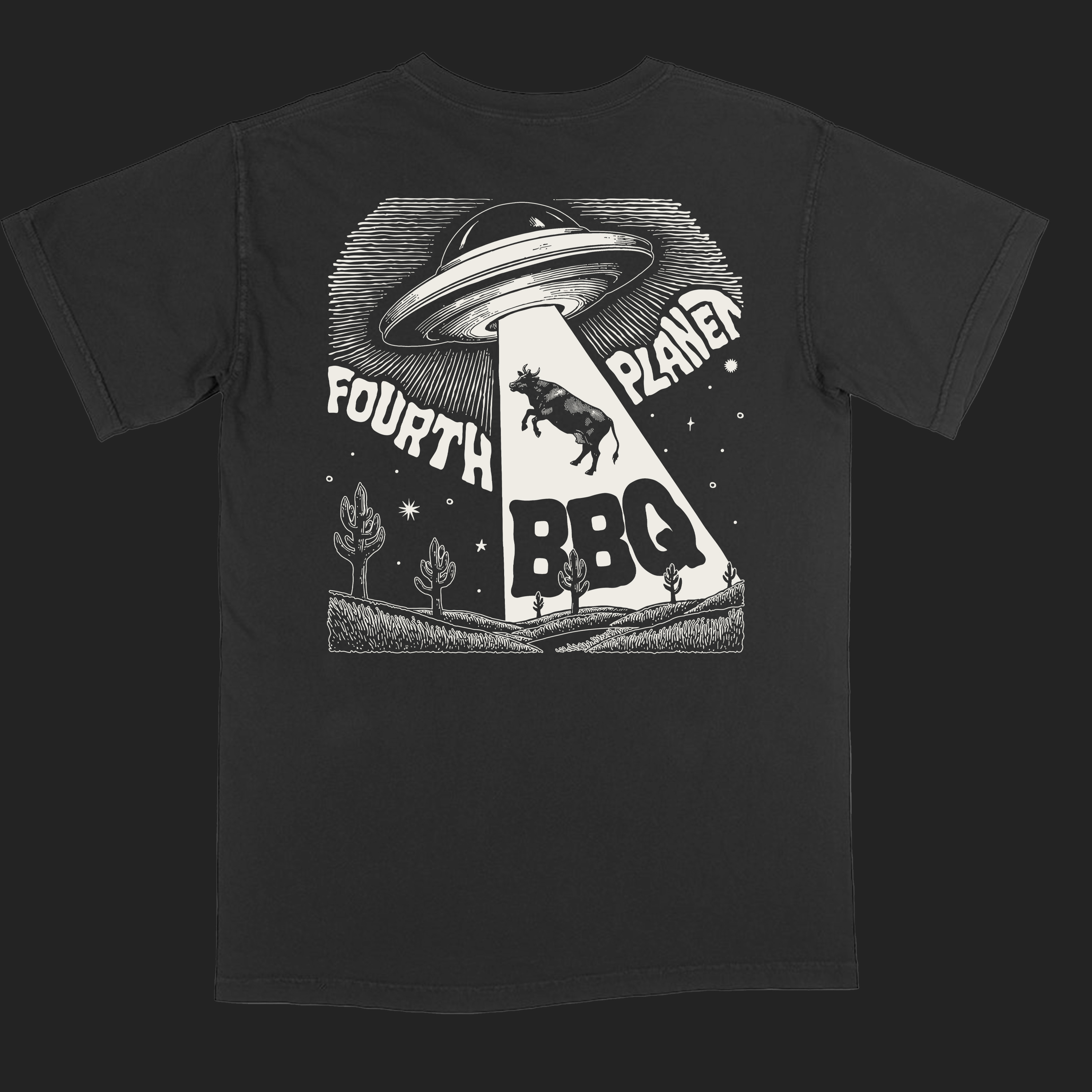 Black Fourth Planet BBQ t-shirt, full abduction graphic on the back